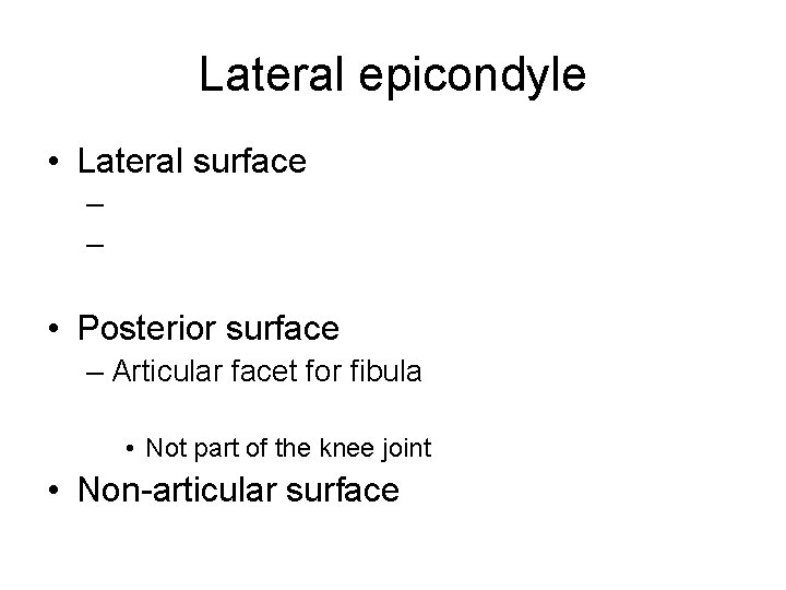 Lateral epicondyle • Lateral surface – – • Posterior surface – Articular facet for