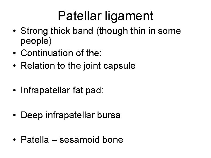 Patellar ligament • Strong thick band (though thin in some people) • Continuation of