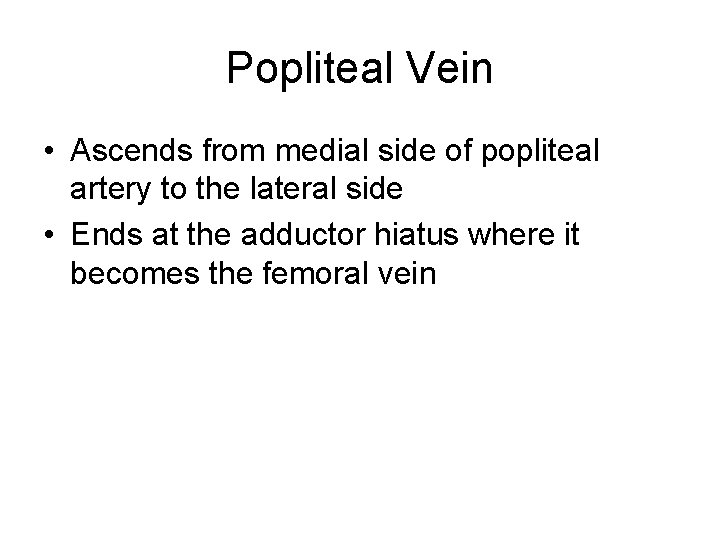 Popliteal Vein • Ascends from medial side of popliteal artery to the lateral side