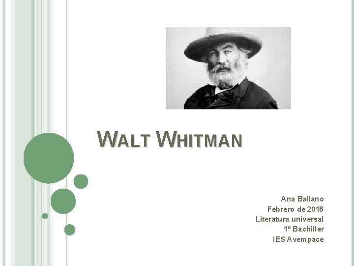 WALT WHITMAN Ana Ballano Febrero de 2016 Literatura universal 1º Bachiller IES Avempace 