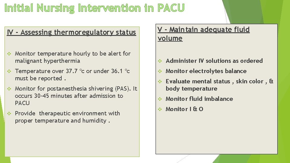 Initial Nursing Intervention in PACU IV - Assessing thermoregulatory status v v Monitor temperature