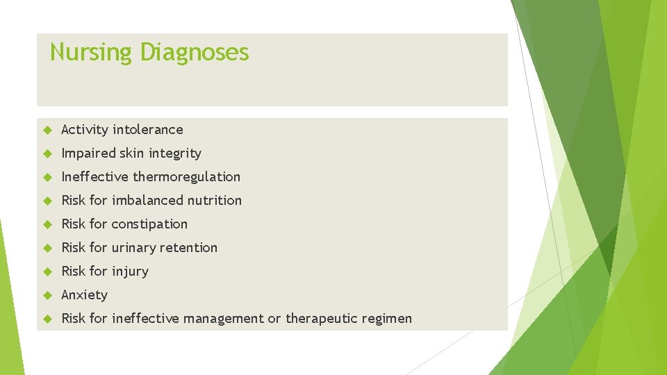 Nursing Diagnoses Activity intolerance Impaired skin integrity Ineffective thermoregulation Risk for imbalanced nutrition Risk