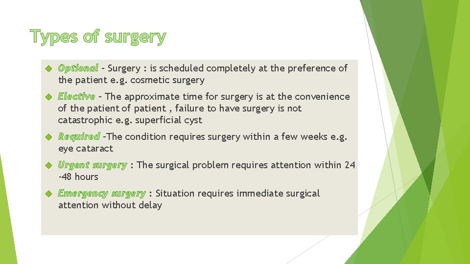 Types of surgery Optional – Surgery : is scheduled completely at the preference of