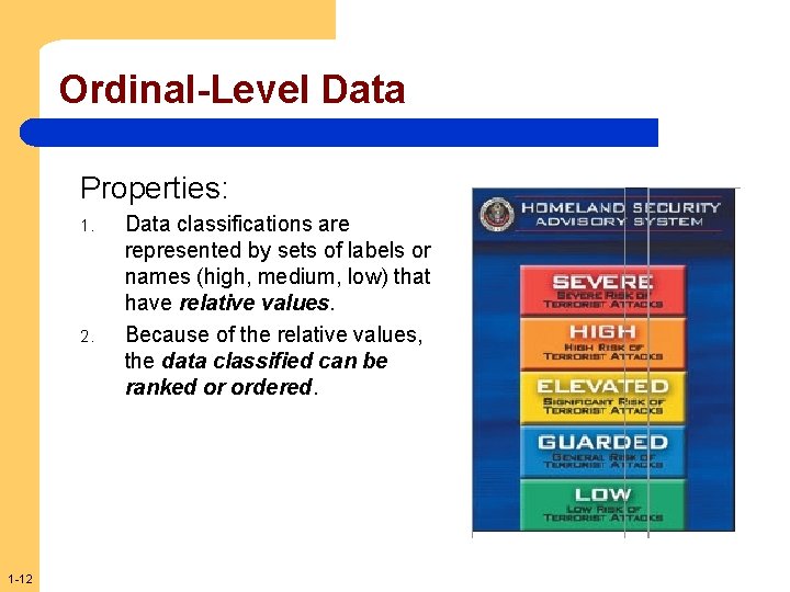 Ordinal-Level Data Properties: 1. 2. 1 -12 Data classifications are represented by sets of