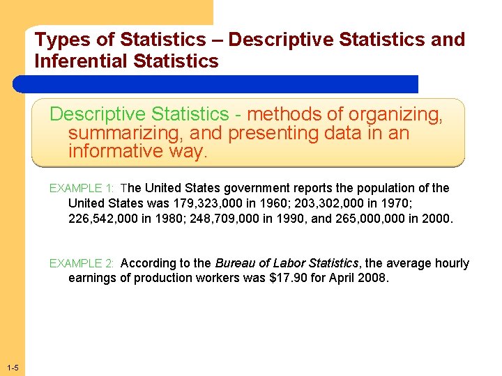 Types of Statistics – Descriptive Statistics and Inferential Statistics Descriptive Statistics - methods of