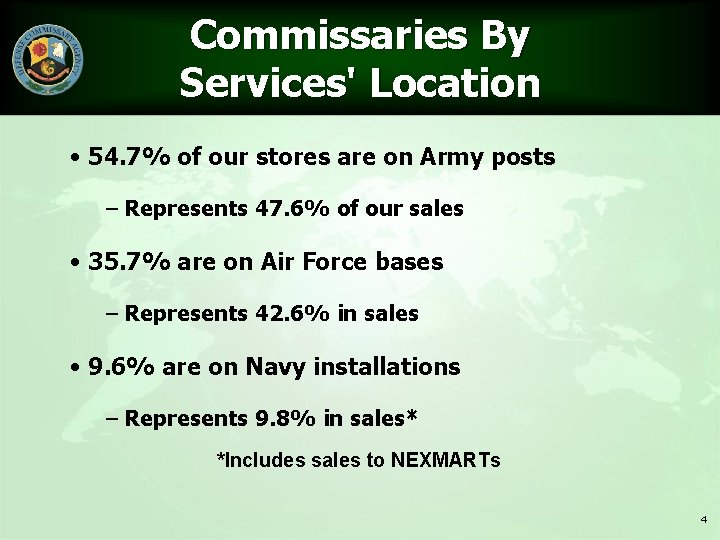 Commissaries By Services' Location • 54. 7% of our stores are on Army posts