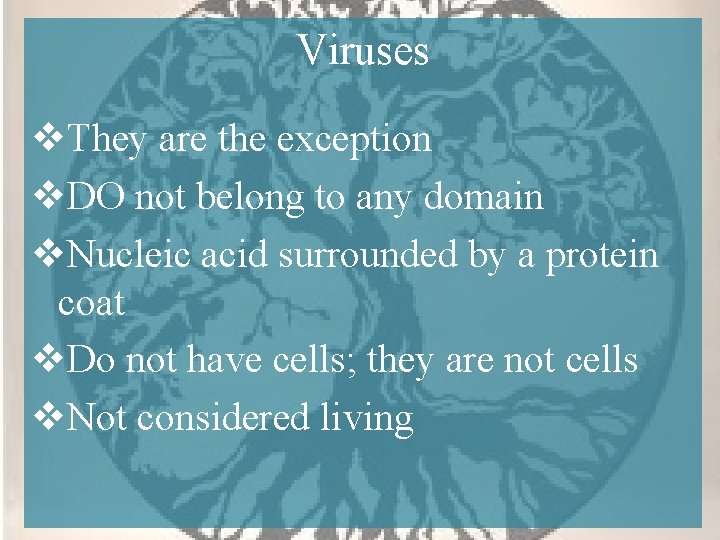 Viruses v. They are the exception v. DO not belong to any domain v.