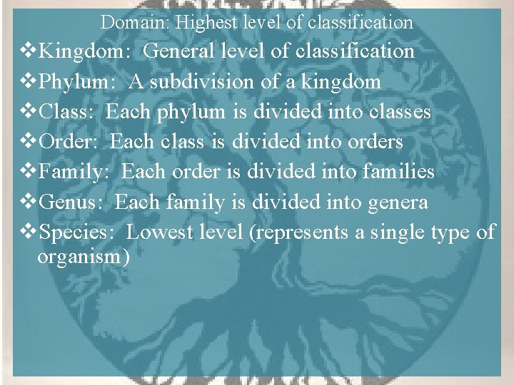 Domain: Highest level of classification v. Kingdom: General level of classification v. Phylum: A