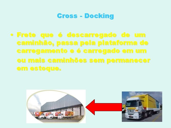 Cross - Docking • Frete que é descarregado de um caminhão, passa pela plataforma