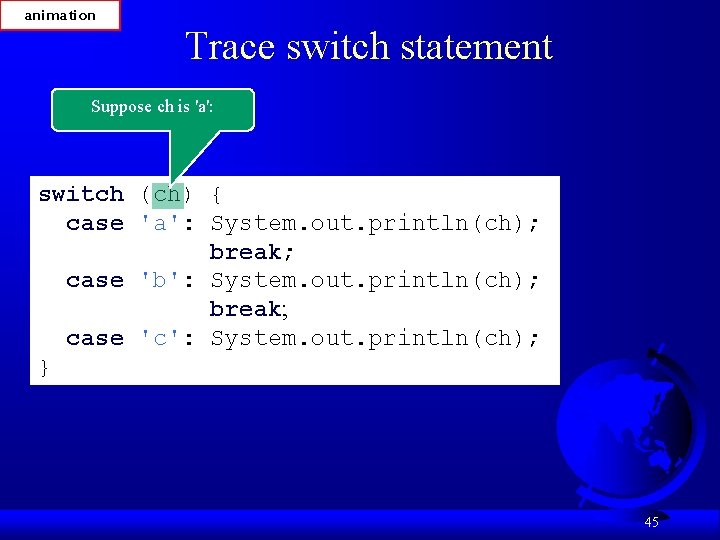 animation Trace switch statement Suppose ch is 'a': switch (ch) { case 'a': System.