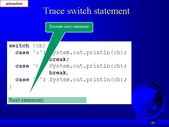 animation Trace switch statement Execute next statement switch (ch) { case 'a': System. out.