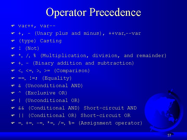 Operator Precedence F F F F var++, var-+, - (Unary plus and minus), ++var,