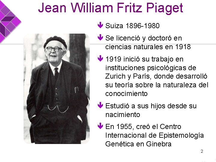 Jean William Fritz Piaget Suiza 1896 -1980 Se licenció y doctoró en ciencias naturales