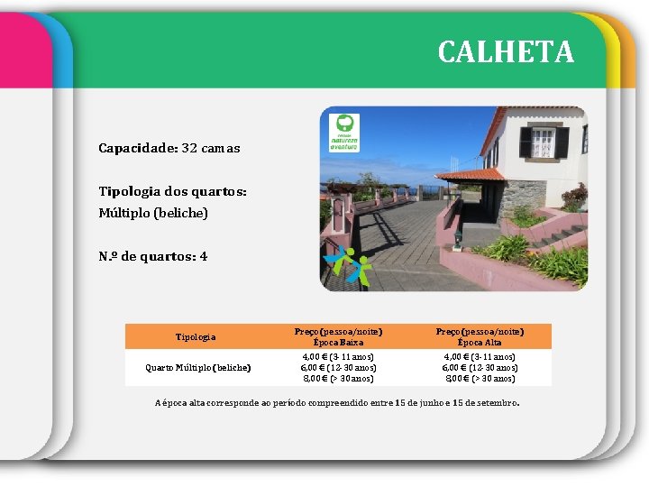 CALHETA Capacidade: 32 camas Tipologia dos quartos: Múltiplo (beliche) N. º de quartos: 4