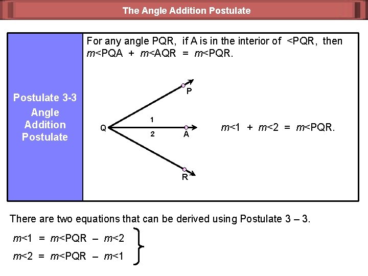 The Angle Addition Postulate For any angle PQR, if A is in the interior
