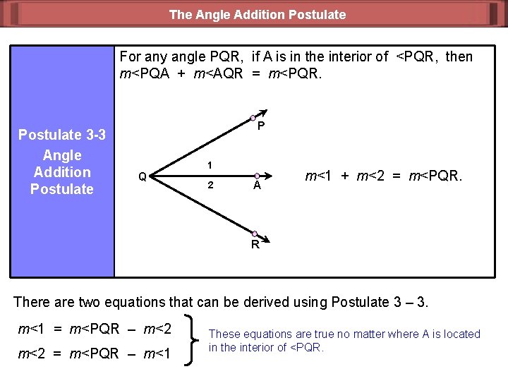 The Angle Addition Postulate For any angle PQR, if A is in the interior