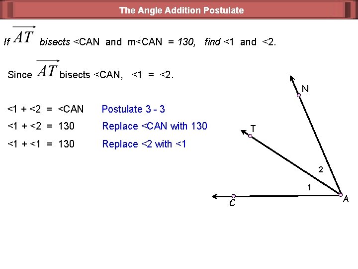 The Angle Addition Postulate If Since bisects <CAN and m<CAN = 130, find <1