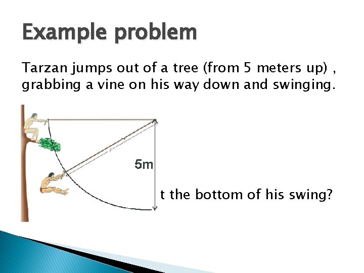 Example problem Tarzan jumps out of a tree (from 5 meters up) , grabbing