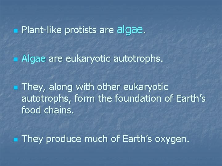 n Plant-like protists are algae. n Algae are eukaryotic autotrophs. n n They, along