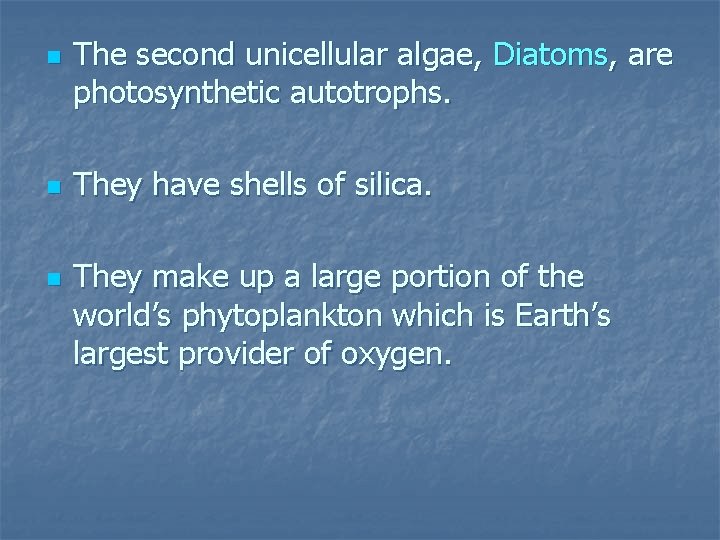 n n n The second unicellular algae, Diatoms, are photosynthetic autotrophs. They have shells