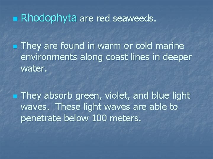 n n n Rhodophyta are red seaweeds. They are found in warm or cold