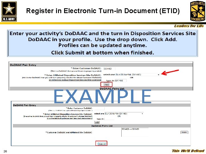 Register in Electronic Turn-in Document (ETID) Leaders for Life 26 This We’ll Defend 