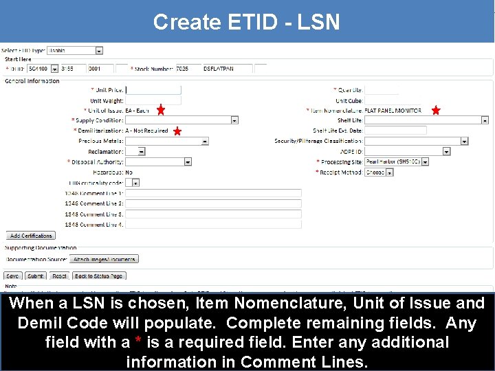 Create ETID - LSN When a LSN is chosen, Item Nomenclature, Unit of Issue