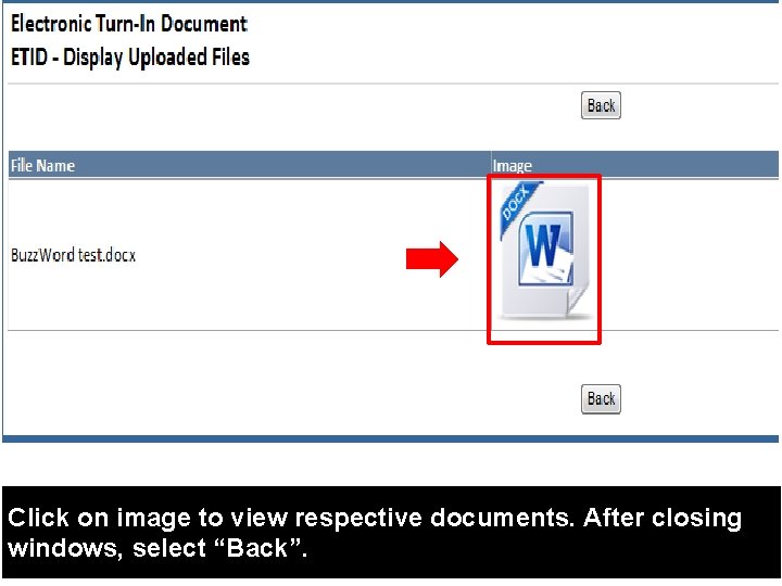 Click on image to view respective documents. After closing windows, select “Back”. 