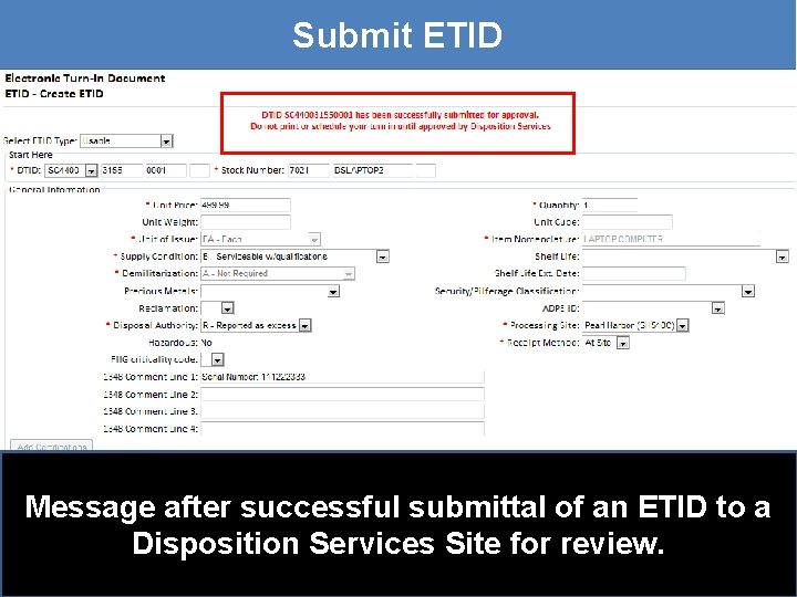 Submit ETID Message after successful submittal of an ETID to a Disposition Services Site