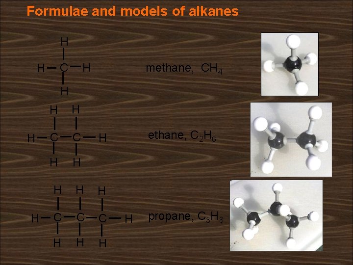 Formulae and models of alkanes H H C H methane, CH 4 H H