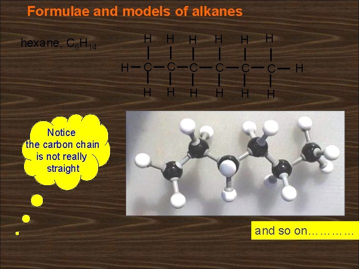 Formulae and models of alkanes hexane, C 6 H 14 H H H H