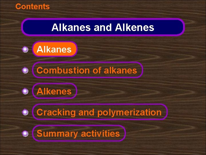 Contents Alkanes and Alkenes Alkanes Combustion of alkanes Alkenes Cracking and polymerization Summary activities