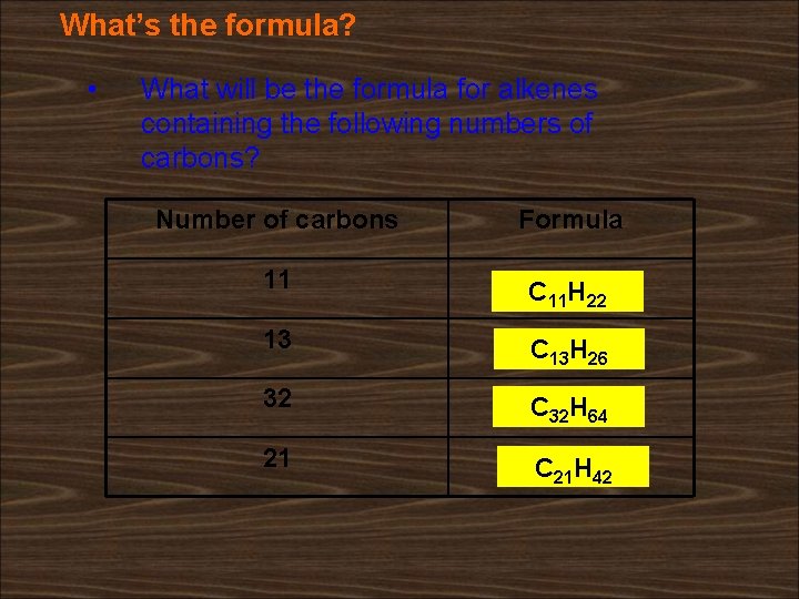 What’s the formula? • What will be the formula for alkenes containing the following