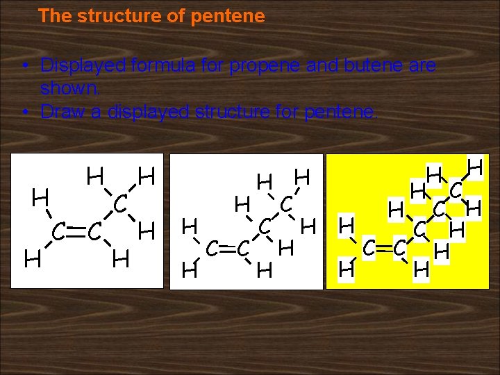 The structure of pentene • Displayed formula for propene and butene are shown. •