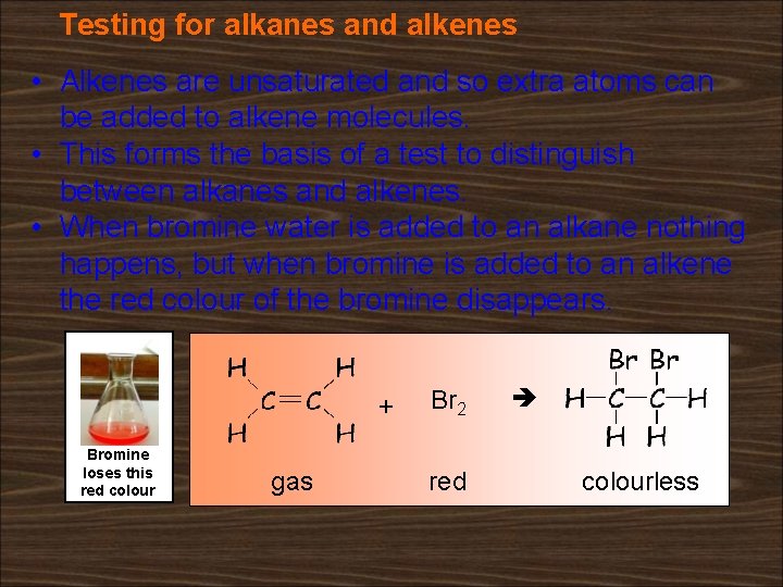 Testing for alkanes and alkenes • Alkenes are unsaturated and so extra atoms can