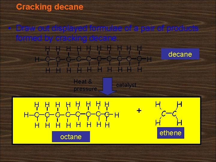 Cracking decane • Draw out displayed formulae of a pair of products formed by