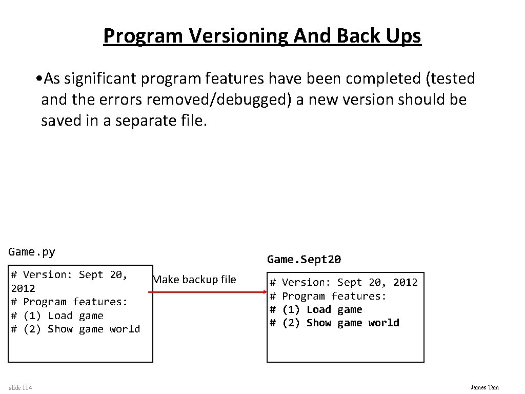 Program Versioning And Back Ups • As significant program features have been completed (tested