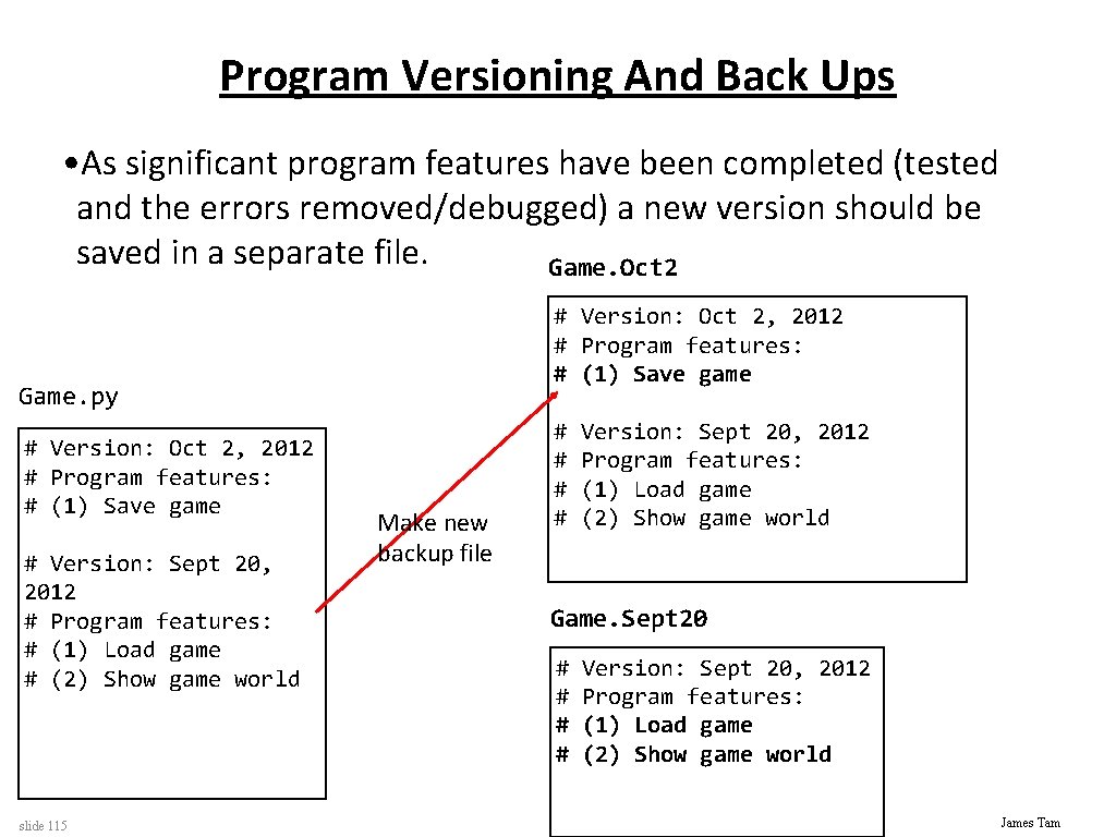 Program Versioning And Back Ups • As significant program features have been completed (tested