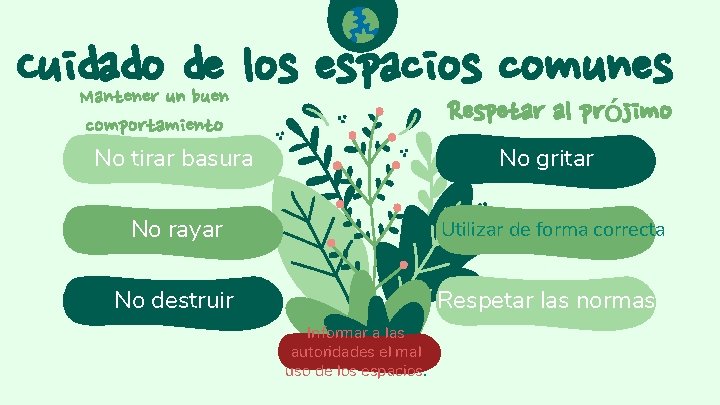 Cuidado de los espacios comunes Mantener un buen comportamiento No tirar basura Respetar al Cuidado de los espacios comunes Mantener un buen comportamiento No tirar basura Respetar al