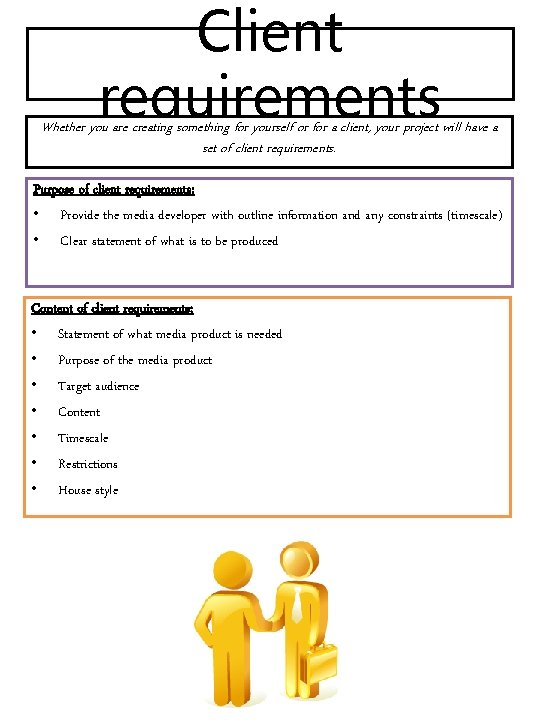 Client requirements Whether you are creating something for yourself or for a client, your Client requirements Whether you are creating something for yourself or for a client, your