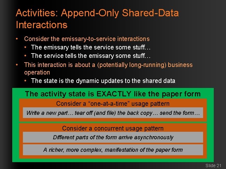 Activities: Append-Only Shared-Data Interactions • Consider the emissary-to-service interactions • The emissary tells the