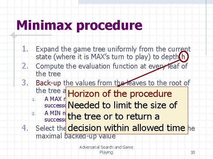 Minimax procedure 1. Expand the game tree uniformly from the current state (where it