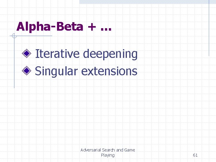 Alpha-Beta + … Iterative deepening Singular extensions Adversarial Search and Game Playing 61 