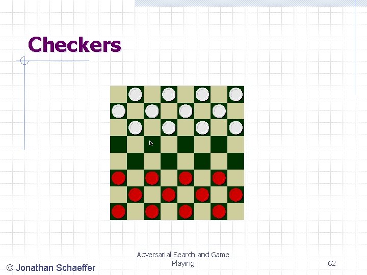 Checkers © Jonathan Schaeffer Adversarial Search and Game Playing 62 Checkers © Jonathan Schaeffer Adversarial Search and Game Playing 62