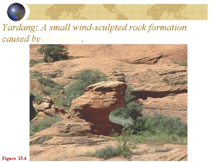 Yardang: A small wind-sculpted rock formation caused by abrasion. Figure 15. 4 