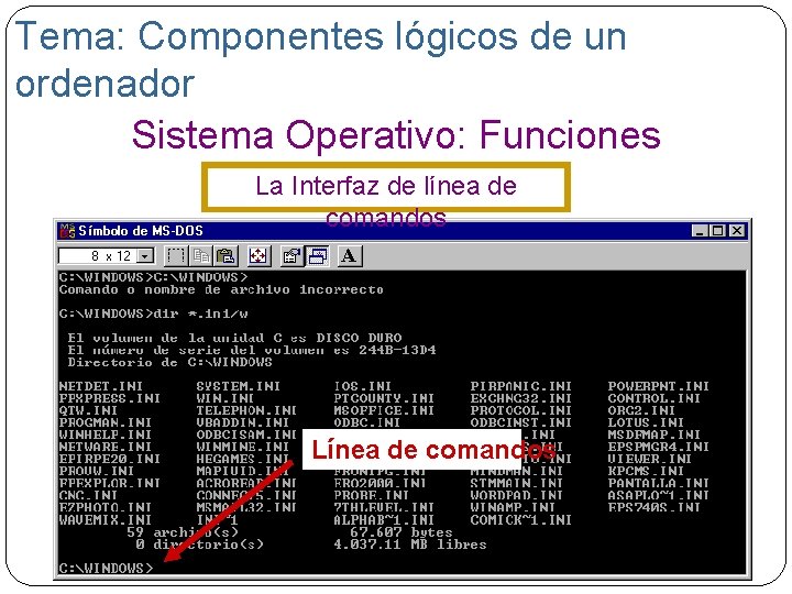 Tema: Componentes lógicos de un ordenador Sistema Operativo: Funciones La Interfaz de línea de