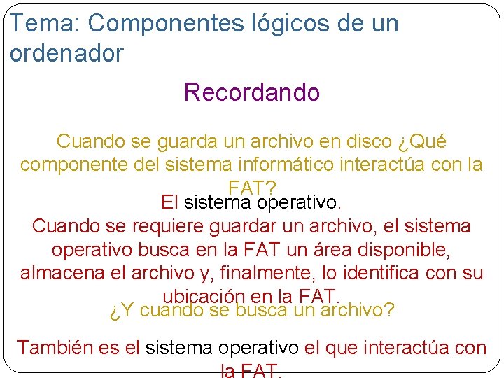 Tema: Componentes lógicos de un ordenador Recordando Cuando se guarda un archivo en disco