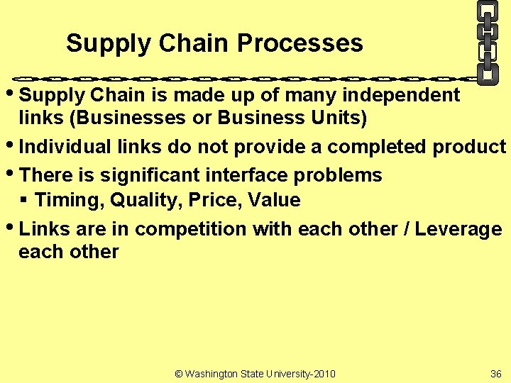 Supply Chain Processes • Supply Chain is made up of many independent links (Businesses