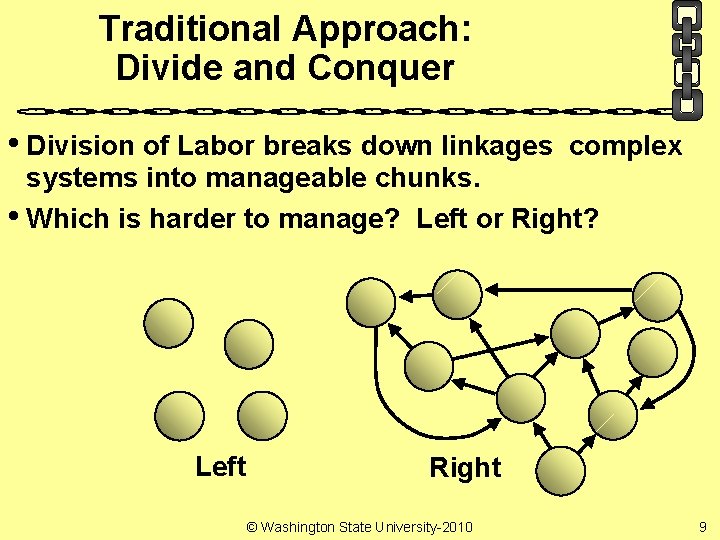 Traditional Approach: Divide and Conquer • Division of Labor breaks down linkages complex systems