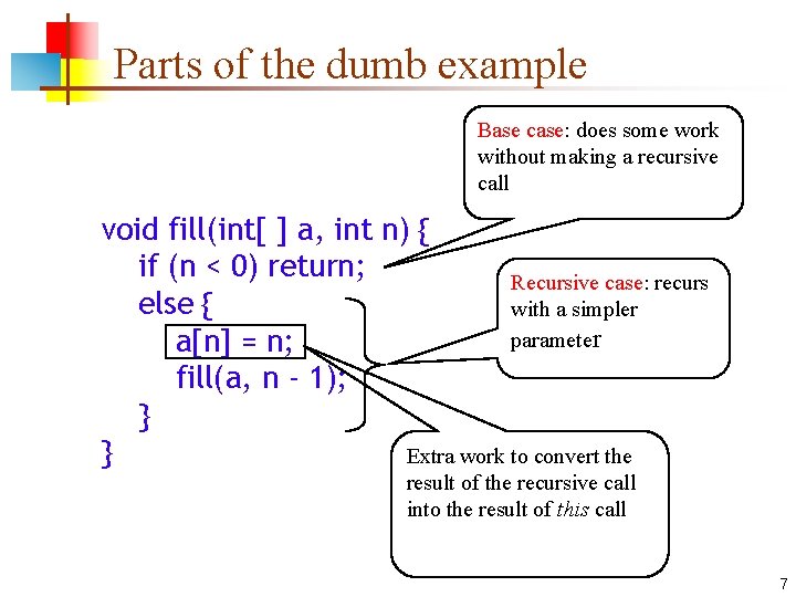 Parts of the dumb example Base case: does some work without making a recursive